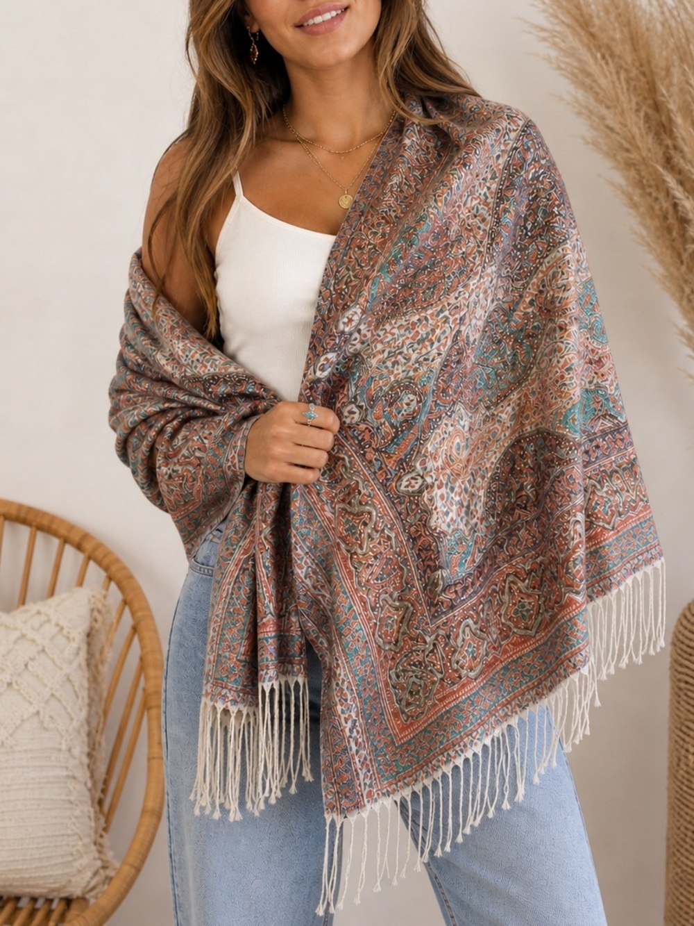 Sky Cashmere 100% Cashmere Scarf Wrap | Boho Paisley Embellished Fringe Shawl